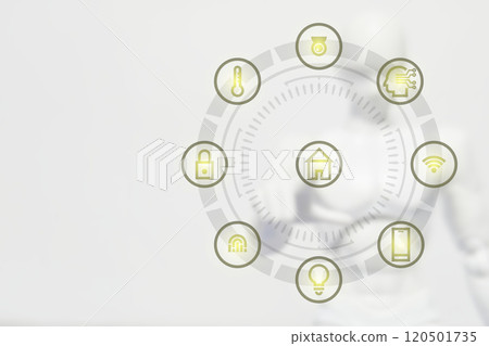 Blurred white robot cyborg man with hand pointing on circle Interface HUD led screen for opening chat GPT box 120501735