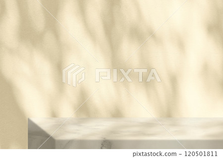 Marble Table with Beige Stucco Wall Texture Background with Light Beam, Bokeh and Shadow 120501811