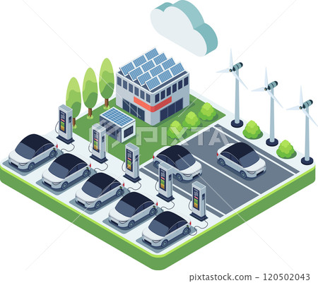 Isometric Electric Cars at EV Charging Station and Infrastructure Isometric Electric Cars at EV Charging Station and Infrastructure 120502043