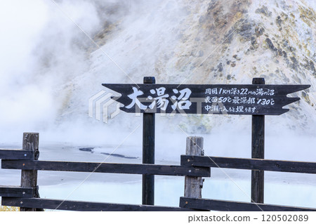 北海道登別溫泉大湯沼 – 活火山和蒸氣的壯麗景色 北海道登別溫泉大湯沼 – 活火山和蒸氣的壯麗景色 120502089