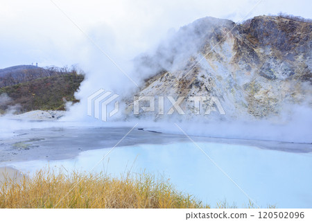 Oyunuma, Noboribetsu Onsen, Hokkaido – A spectacular view of an active volcano and steaming hot springs 120502096