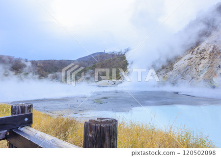 北海道登別溫泉大湯沼 – 活火山和蒸氣的壯麗景色 北海道登別溫泉大湯沼 – 活火山和蒸氣的壯麗景色 120502098