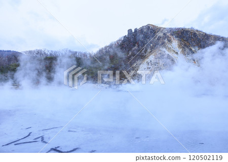 Oyunuma, Noboribetsu Onsen, Hokkaido – A spectacular view of an active volcano and steaming hot springs 120502119