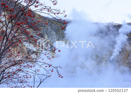 Oyunuma, Noboribetsu Onsen, Hokkaido – A spectacular view of an active volcano and steaming hot springs Oyunuma, Noboribetsu Onsen, Hokkaido – A spectacular view of an active volcano and steaming hot springs 120502137