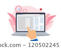 Hand touches laptop screen to select search by image, SEO Search Engine Optimization concept. Search with Ai assistant, websites to rank search engines. 120502245