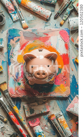 Creative Savings: Piggy Bank as Paint Palette Surrounded by Art Supplies for Artistic Inspiration 120502380