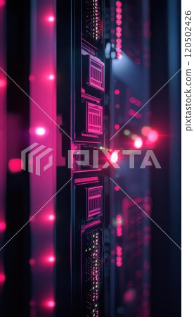 Data Center Focus: Illuminated Server Hardware with Flashing LED Lights for Tech Design 120502426