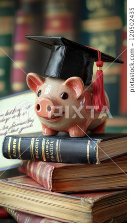 Saving for Education: Piggy Bank with Graduation Cap on Books and Diploma for Academic Success 120502435
