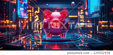 Futuristic Piggy Bank with Neon Lights and Holographic Screens for Digital Banking Concept Art 120502436