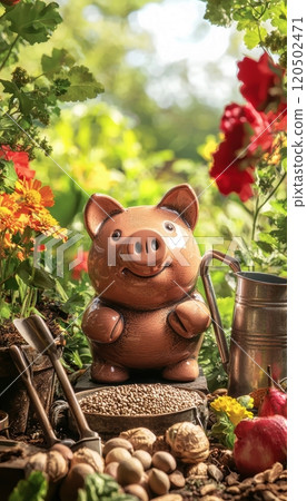 Piggy Bank with Gardening Tools and Watering Can in Lush Garden Setting for Sustainable Living 120502471