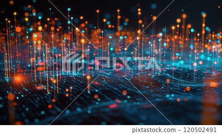 Futuristic 3D Scatter Plot of Technological Innovation and Environmental Sustainability Trends 120502491