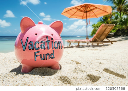Piggy Bank "Vacation Fund" on Sandy Beach Symbolizing Savings for Dream Holiday Travel 120502566
