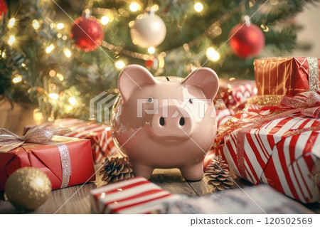 Christmas Savings Concept with Piggy Bank and Festive Holiday Decorations 120502569