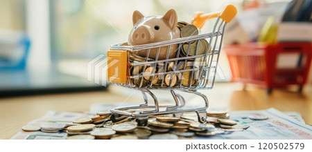 Savings Strategy: Piggy Bank in Shopping Cart with Coins and Receipts for Budget Planning 120502579