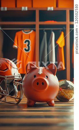 Football-Themed Piggy Bank in Locker Room Setting for Sports Savings Concept Football-Themed Piggy Bank in Locker Room Setting for Sports Savings Concept 120502580