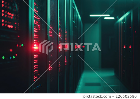 Tech Infrastructure: Cinematic View of Modern Data Center Server Racks for Digital Solutions Design 120502586