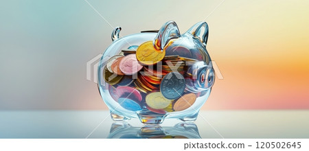 Transparent Piggy Bank Filled with Colorful Coins on Reflective Surface for Savings Concept 120502645