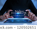 SEO Search Engine Optimization concept. The search bar shows SEO tools icons on your website with AI assistants, user analytics, content creation, and search algorithm improvements. 120502651