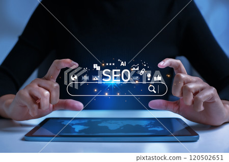 SEO Search Engine Optimization concept. The search bar shows SEO tools icons on your website with AI assistants, user analytics, content creation, and search algorithm improvements. 120502651