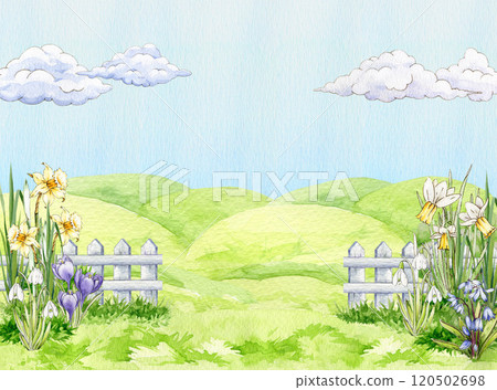 Spring landscape with green grass, blooming flowers and rolling hills. Hand painted watercolor illustration. Ideal background for Easter decor, seasonal cards and nature-themed countryside designs Spring landscape with green grass, blooming flowers and rolling hills. Hand painted watercolor illustration. Ideal background for Easter decor, seasonal cards and nature-themed countryside designs 120502698