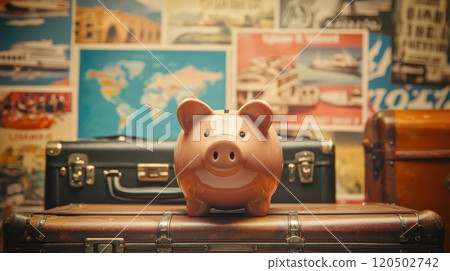 Saving for Nostalgic Adventures: Retro Travel Agency with Piggy Bank and Vintage Posters 120502742