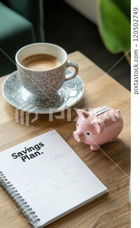 Savings Plan Concept: Piggy Bank, Coffee, and Notepad on Modern Office Desk 120502749