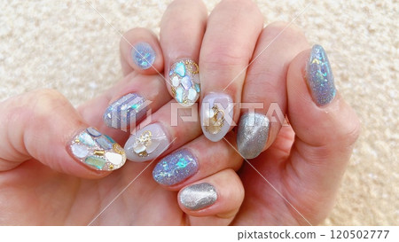Cute and mature summer blue shell nails Cute and mature summer blue shell nails 120502777