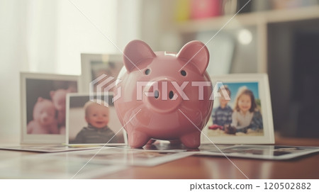 Piggy Bank and Family Photos: Saving for Future Generations in a Cozy Home Setting 120502882