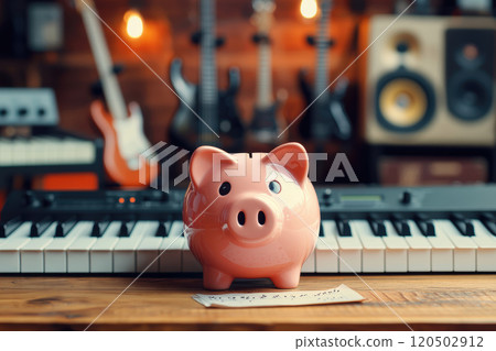 Musical Savings Concept: Piggy Bank with Instruments for Music Lessons and Recording 120502912