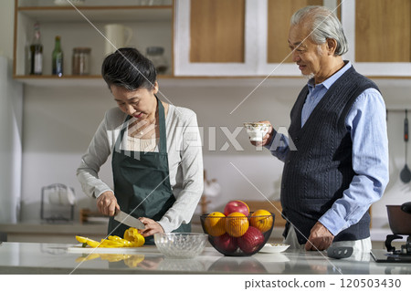asian old couple talking chatting in kitchen asian old couple talking chatting in kitchen 120503430