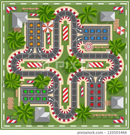 A board game with a car racing theme. View from above. Vector illustration. A board game with a car racing theme. View from above. Vector illustration. 120503466
