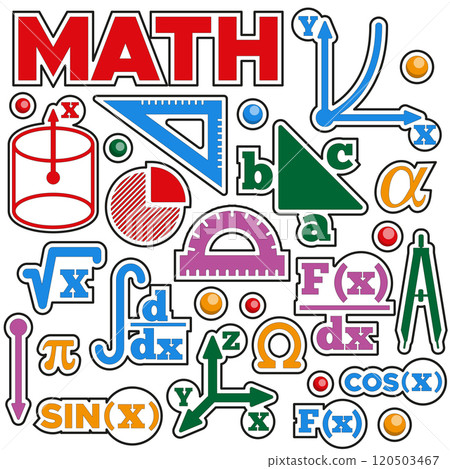 A set of stickers with mathematical symbols. Isolated on white background. Vector illustration. 120503467