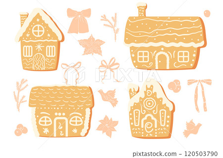 Gingerbread houses set. Christmas cookies collection. Festive decorated sweets collection. Vector Gingerbread houses set. Christmas cookies collection. Festive decorated sweets collection. Vector 120503790
