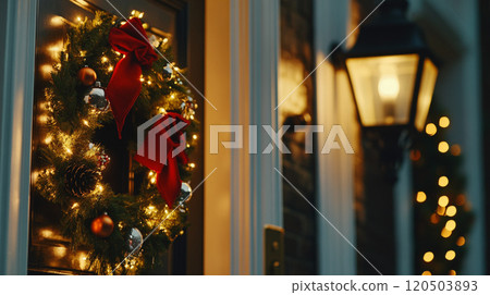 Christmas wreath and holiday lights on the front door 120503893
