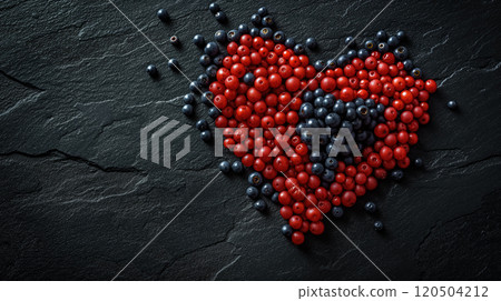 Heart shape made of blueberries and cranberries on dark slate background Heart shape made of blueberries and cranberries on dark slate background 120504212