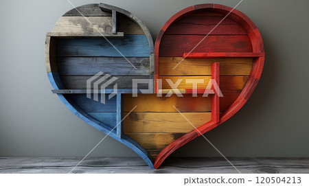 Colorful wooden heart with geometric patterns on textured surface 120504213