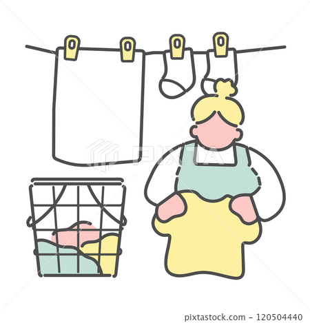 Simple line drawing of a woman hanging out laundry illustration 120504440
