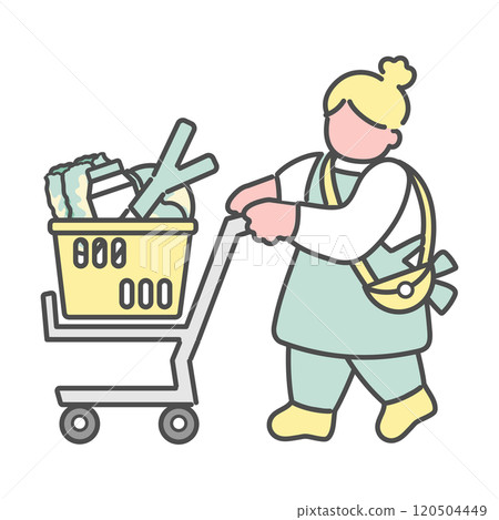 A simple line drawing of a woman shopping while pushing a shopping cart Illustration A simple line drawing of a woman shopping while pushing a shopping cart Illustration 120504449