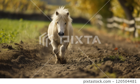 Pony galloping freely down a country path. 120504481