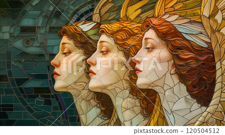 Artistic stained glass portrayal of three women. Artistic stained glass portrayal of three women. 120504512