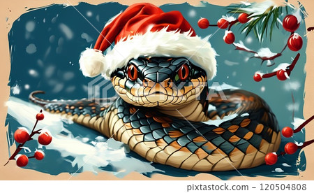 Adorable Snake with Santa Hat on Christmas Background 120504808