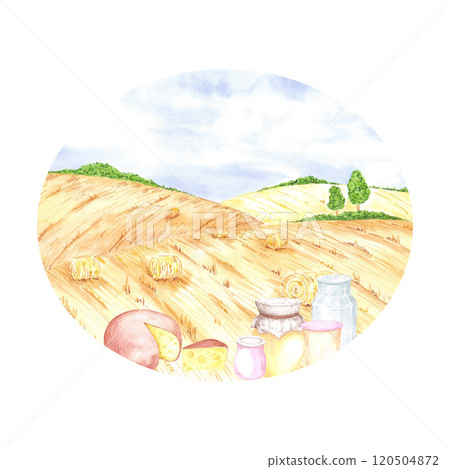 Hand drawn watercolor autumn field landscape with and dairy products isolated on white background. Can be used for postcard, label, scrapbook and other printed products. 120504872