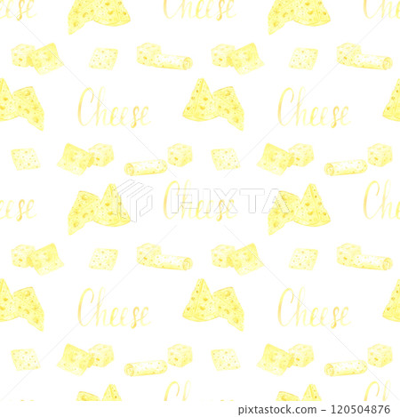 Hand drawn watercolor piece slice cube of cheese with a sign cheese seamless pattern isolated on white background. Can be used for textile, fabric, scrapbook and other printed products. 120504876