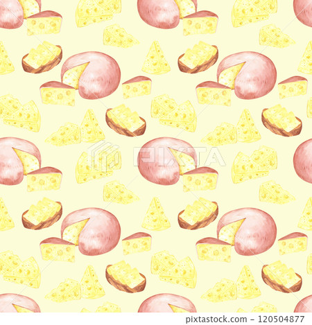 Hand drawn watercolor head and piece of cheese seamless pattern isolated on creamy background. Can be used for textile, fabric, scrapbook and other printed products. Hand drawn watercolor head and piece of cheese seamless pattern isolated on creamy background. Can be used for textile, fabric, scrapbook and other printed products. 120504877