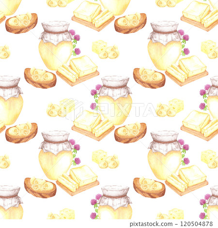 Hand drawn watercolor jar of ghee butter and sandwich with butter seamless pattern isolated on white background. Can be used for textile, fabric, scrapbook and other printed products. Hand drawn watercolor jar of ghee butter and sandwich with butter seamless pattern isolated on white background. Can be used for textile, fabric, scrapbook and other printed products. 120504878