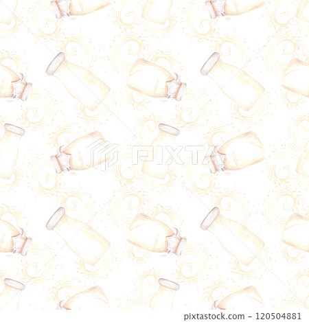Hand drawn watercolor bottle of milk with splashes seamless pattern isolated on white background. Can be used for textile, fabric, scrapbook and other printed products. 120504881