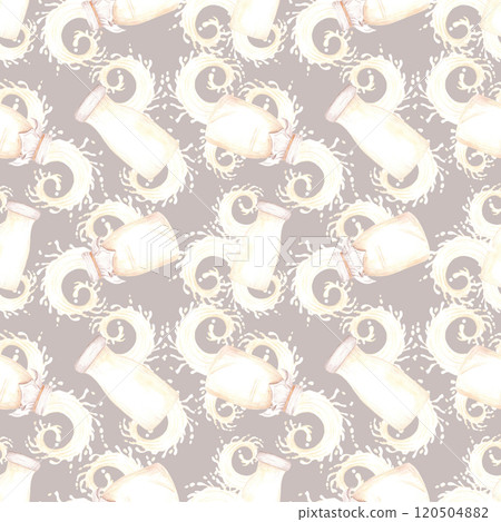 Hand drawn watercolor bottle of milk with splashes seamless pattern isolated on grey background. Can be used for textile, fabric, scrapbook and other printed products. 120504882