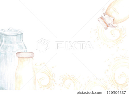 Hand drawn watercolor bottle and tin of milk with splashes frame border isolated on white background. Can be used for postcard, card, scrapbook and other printed products. Hand drawn watercolor bottle and tin of milk with splashes frame border isolated on white background. Can be used for postcard, card, scrapbook and other printed products. 120504887