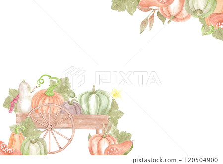 Hand drawn watercolor ripe pumpkins in the wooden cart and leaves frame border isolated on white background. Rural illustration Can be used for postcard, business card and other printed products. 120504900