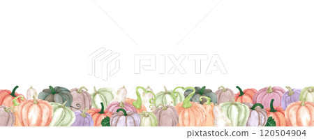 Hand drawn watercolor autumn pumpkins banner frame border isolated on white background. Rural illustration Can be used for banner, label, scrapbook and other printed products. 120504904